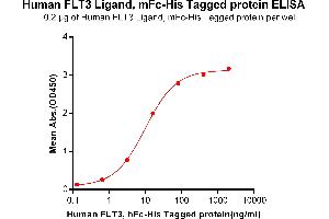 ELISA plate pre-coated by 2 μg/mL (100 μL/well) Human FLT3LG, mFc-His tagged protein (ABIN6961106) can bind Human FLT3, hFc-His tagged protein (ABIN6961080) in a linear range of 0.