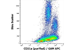Flow cytometry surface staining pattern of human peripheral whole blood stained using anti-human CD11a (MEM-25) purified antibody (concentration in sample 1 μg/mL) GAM APC.
