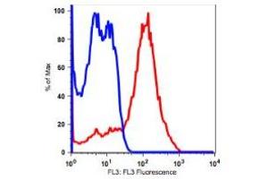 PBMCs lymphocytes stained with PerCP conjugated mouse anti-human clone OKT-1 (CD5, red histogram). (CD5 Antikörper  (PerCP))