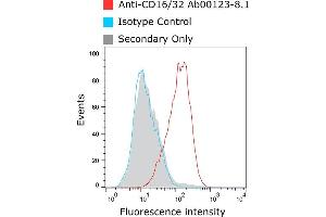 Anti-CD16/32 staining of murine macrophages Murine bone marrow-derived macrophages (BMDMs) were stained with anti-CD16/32 antibody  (as well as isotype control) and bound antibody detected using goat IgG anti-rat IgG (H&L-chain) polyclonal antibody directly conjugated to Alexa Fluor® 647(AF647) commercially available from a competitor. (Rekombinanter CD32/CD16 Antikörper)