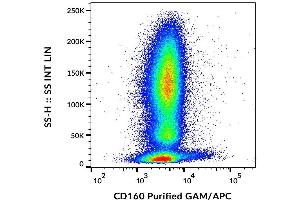 Surface staining of human peripheral blood cells with anti-CD160 (BY55) purified / GAM-APC.