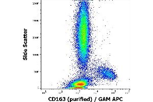 Flow cytometry surface staining pattern of human peripheral blood stained using anti-human CD163 (GHI/61) purified antibody (concentration in sample 2 μg/mL) GAM APC. (CD163 Antikörper)