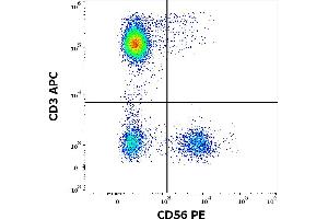 Flow cytometry multicolor surface staining of human peripheral whole blood stained using anti-human CD56 (LT56) PE antibody (10 μL reagent / 100 μL of peripheral whole blood) and anti-human CD3 (UCHT1) APC antibody (10 μL reagent / 100 μL of peripheral whole blood). (CD56 Antikörper  (PE))