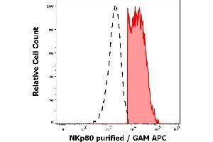Separation of human NKp80 positive cells (red-filled) from human NKp80 negative lymphocytes (black-dashed) in flow cytometry analysis (surface staining) of peripheral whole blood stained using anti-human NKp80 (5D12) purified antibody (concentration in sample 1,7 μg/mL, GAM APC). (KLRF1 Antikörper  (Extracellular Domain))