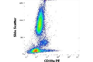 Flow cytometry surface staining pattern of human peripheral whole blood stained using anti-human CD49a (TS2/7) PE antibody (10 μL reagent / 100 μL of peripheral whole blood). (Integrin alpha 1 Antikörper  (PE))