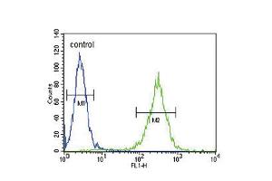Flow cytometric analysis of A2058 cells (right histogram) compared to a negative control cell (left histogram).