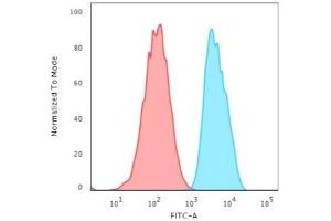 Flow Cytometric Analysis of MCF-7 cells using EpCAM Rabbit Recombinant Monoclonal Antibody (EGP40/2571R) followed by Goat anti-Mouse IgG-CF488 (Blue); Isotype Control (Red). (Rekombinanter EpCAM Antikörper  (Extracellular Domain))