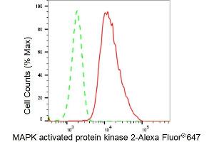 Flow cytometric analysis of MAPK activated protein kinase 2 expression in HepG2 cells using MAPK activated protein kinase 2 antibody (ABIN7799475), 1:2,000).