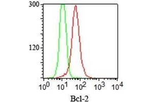 Intracellular staining of Bcl-2 in Jurkat cells Bcl-2 Mouse Monoclonal Antibody (100/D5) (red) and isotype control (green). (Bcl-2 Antikörper  (AA 41-54))