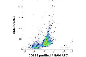 Flow cytometry surface staining pattern of REH cells stained using anti-human CD135 (BV10A4) purified antibody (concentration in sample 5 μg/mL, GAM APC). (FLT3 Antikörper)