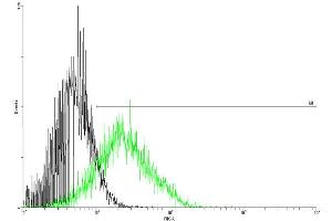 FACS analysis of negative control 293 cells (Black) and CSF2RA expressing 293 cells (Green) using CSF2RA purified MaxPab mouse polyclonal antibody.