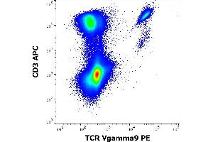 Flow cytometry multicolor surface staining of human lymphocytes stained using anti-human TCR Vgamma9 (B3) PE antibody (10 μL reagent / 100 μL of peripheral whole blood) and anti-human CD3 (UCHT1) APC antibody (5 μL reagent / 100 μL of peripheral whole blood). (TCR V gamma 9 Antikörper (PE))