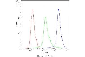 Flow cytometry testing of human THP1 cells with NLRP3 antibody at 1ug/10^6 cells (blocked with goat sera)