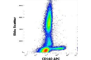 Flow cytometry surface staining pattern of human peripheral whole blood stained using anti-human CD160 (BY55) APC antibody (10 μL reagent / 100 μL of peripheral whole blood).