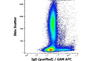 Flow cytometry surface staining pattern of human peripheral whole blood stained using anti-human IgD (IA6-2) purified antibody (concentration in sample 0,33 μg/mL, GAM APC).