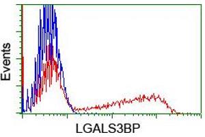 HEK293T cells transfected with either RC204918 overexpress plasmid (Red) or empty vector control plasmid (Blue) were immunostained by anti-LGALS3BP antibody (ABIN2454977), and then analyzed by flow cytometry. (LGALS3BP Antikörper  (AA 19-300))
