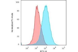 Flow Cytometric Analysis of paraformaldehyde-fixed Jurkat cells using CD31 Mouse Monoclonal Antibody (JC/70A) followed by goat anti- Mouse- IgG-CF488 (Blue); Isotype Control (Red). (CD31 Antikörper)