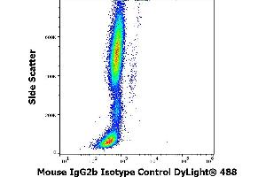 Flow cytometry surface nonspecific staining pattern of human peripheral whole blood stained using mouse IgG2b Isotype control (MPC-11) DyLight® 488 antibody (concentration in sample 9 μg/mL). (Maus IgG2b,kappa isotype control (DyLight 488))