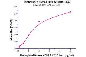 Immobilized OKT3 mAb at 5 μg/mL (100 μL/well) can bind Biotinylated Human CD3E & CD3D (Cat# CDD-H82W0 ) with a linear range of 0.