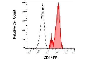 Separation of human CD3 negative CD16 positive NK cells (red-filled) from human CD3 positive CD16 negative lymphocytes (black-dashed) in flow cytometry analysis (surface staining) of human peripheral whole blood stained using anti-human CD16 (3G8) PE (20 μL reagent / 100 μL of peripheral whole blood). (CD16 Antikörper  (PE))