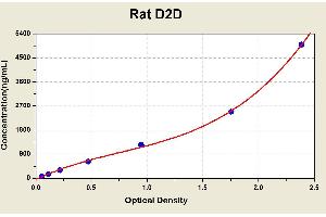 Diagramm of the ELISA kit to detect Rat D2Dwith the optical density on the x-axis and the concentration on the y-axis.