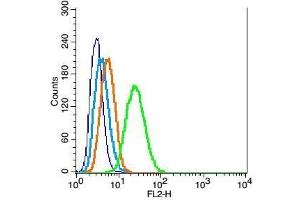 RSC96 cells probed with DRD3 Polyclonal Antibody, Unconjugated  at 1:100 for 30 minutes followed by incubation with a conjugated secondary (PE Conjugated) (green) for 30 minutes compared to control cells (blue), secondary only (light blue) and isotype control (orange). (DRD3 Antikörper  (AA 352-446))