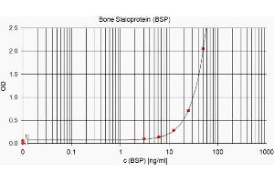 ELISA standard curve showing measurement of human BSP in a sandwich immunoassay using ABIN109798 as capture antibody and ABIN109798 as detection antibody. (BSP Antikörper)