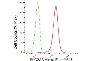 Flow cytometric analysis of SLC2A3 expression in HeLa cells using SLC2A3 antibody (ABIN7800388), 1:2,000).