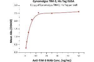 Immobilized Cynomolgus TIM-3, His Tag (ABIN6731286,ABIN6809968) at 1 μg/mL (100 μL/well) can bind Anti-TIM-3 MAb with a linear range of 0.