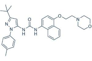 Chemical structure of Doramapimod , a p38 MAP kinase inhibitor.