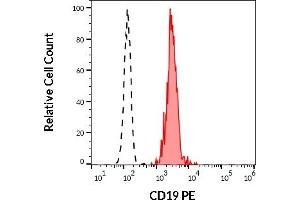 Separation of human CD19 positive lymphocytes (red-filled) from neutrophil granulocytes (black-dashed) in flow cytometry analysis (surface staining) of human peripheral whole blood stained using anti-human CD19 (4G7) PE antibody (20 μL reagent / 100 μL of peripheral whole blood).