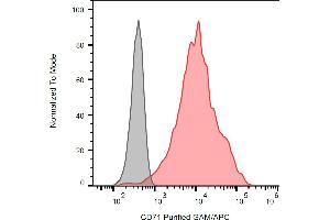 Separation of K562 cells stained using anti-human CD71 (MEM-189) purified antibody (concentration in sample 4 μg/mL, GAM APC, red) from K562 cells unstained by primary antibody (GAM APC, grey) in flow cytometry analysis (surface staining). (Transferrin Receptor Antikörper)