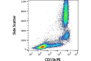 Flow cytometry surface staining pattern of human peripheral whole blood stained using anti-human CD11b (ICRF44) PE antibody (10 μL reagent / 100 μL of peripheral whole blood).