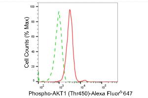 Flow cytometric analysis of Phospho-AKT1 (Thr450) expression in C2C12 cells using Phospho-AKT1 (Thr450) antibody (ABIN7800787), 1:2,000). (Rekombinanter AKT1 Antikörper  (pThr450))