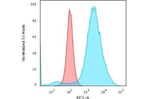 Flow Cytometric Analysis of paraformaldehyde-fixed HeLa cells with CD55 Mouse Monoclonal Antibody (F4-29D9) followed by goat anti-Mouse IgG-CF488 (Blue) Isotype Control (Red) (CD55 Antikörper)