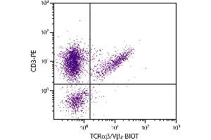 Chicken peripheral blood lymphocytes were stained with Mouse Anti-Chicken TCRαβ/Vβ2-BIOT. (TCRab/Vb2 Antikörper (FITC))