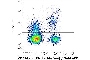 Flow cytometry multicolor surface staining pattern of human lymphocytes stained using anti-human CD314 (1D11) purified antibody (azide free, concentration in sample 2 μg/mL) GAM APC and anti-human CD56 (LT56) PE antibody (10 μL reagent / 100 μL of peripheral whole blood).
