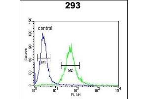 CEA Antibody (Center) (ABIN390407 and ABIN2840797) flow cytometric analysis of 293 cells (right histogram) compared to a negative control cell (left histogram). (CEA Antikörper  (AA 400-429))