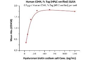 Immobilized Human CD44, Fc Tag (Hied) (ABIN2180801,ABIN2180800) at 5 μg/mL (100 μL/well) can bind Hyaluronan biotin sodium salt with a linear range of 10-156 ng/mL (Routinely tested). (CD44 Protein (CD44) (AA 21-220) (Fc Tag))