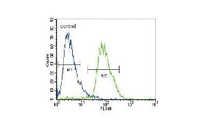 CACNA2D3 Antibody (C-term) (ABIN653695 and ABIN2843014) flow cytometric analysis of HepG2 cells (right histogram) compared to a negative control cell (left histogram). (CACNA2D3 Antikörper  (C-Term))