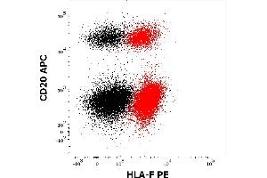 Flow cytometry multicolor intracellular staining pattern of human lymphocytes stained using anti-human CD20 (2H7) PE antibody (10 μL reagent / 100 μL of peripheral whole blood) and anti-HLA-F (3D11) PE antibody (concentration in sample 5 μg/mL, red) or mouse IgG1 isotype control (MOPC-21) PE antibody (concentration in sample 5 μg/mL, same as anti-HLA-F PE concentration, black). (HLA-F Antikörper  (PE))