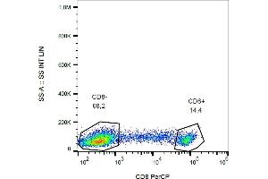 Flow cytometry analysis (surface staining) of human peripheral blood (lymphocyte gate) using anti-human CD8 (clone MEM-31) PerCP. (CD8 Antikörper  (PerCP))