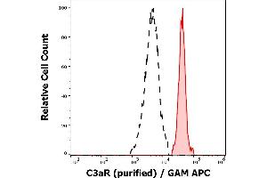 Separation of human neutrophil granulocytes (red-filled) from human lymphocytes (black-dashed) in flow cytometry analysis (surface staining) of peripheral whole blood stained using anti-human C3aR (HC3aRZ8) purified antibody (concentration in sample 1,7 μg/mL, GAM APC). (C3AR1 Antikörper)
