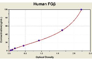 Diagramm of the ELISA kit to detect Human FGbetawith the optical density on the x-axis and the concentration on the y-axis. (Fibrinogen beta Chain ELISA Kit)