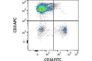 Flow cytometry multicolor surface staining of human lymphocytes using anti-human CD16 (LNK16) FITC antibody (20 μL reagent / 100 μL of peripheral whole blood) and anti-human CD3 (UCHT1) APC antibody (10 μL reagent / 100 μL of peripheral whole blood). (CD16 Antikörper  (FITC))