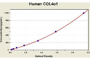 Diagramm of the ELISA kit to detect Human COL4alpha 1with the optical density on the x-axis and the concentration on the y-axis. (COL4A1 ELISA Kit)