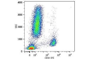 Surface staining of human peripheral blood cells with anti-human CD14 (MEM-15) PE. (CD14 Antikörper  (FITC))