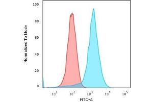Flow Cytometric Analysis of PFA-fixed K562 cells using CD43 Mouse Recombinant Monoclonal Antibody (rSPN/839) followed by Goat anti-Mouse IgG-CF488 (Blue); Isotype Control (Red) (Rekombinanter CD43 Antikörper)