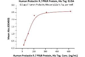 Immobilized Human Prolactin, Mouse IgG2a Fc Tag, low endotoxin (ABIN6253198,ABIN6253591) at 5 μg/mL (100 μL/well) can bind Human Prolactin R, His Tag (ABIN5674643,ABIN6253657) with a linear range of 20-156 ng/mL (QC tested).