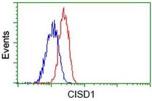Flow cytometric Analysis of Jurkat cells, using anti-CISD1 antibody (ABIN2452906), (Red), compared to a nonspecific negative control antibody (ABIN2452906), (Blue). (CISD1 Antikörper)
